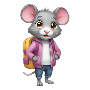 Raton gris de estilo animado,  patas y brazos largos, nariz rosada pequeña y abdomen blanco, caracterizado como un estudianre preescolar, con mochila y tomado de la mano de su mamá  sticker