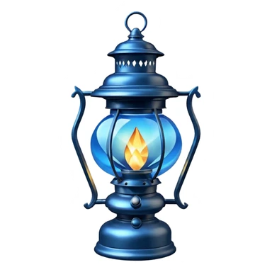 Silvery metallic shiny alloy dark ominous floating diamond-shaped old antique lantern lamp with a magical will-o-wispy glowing blue flame inside it  sticker