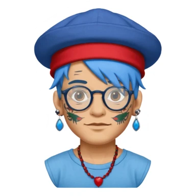 unique looking tourist with big unique red tourist hat and earrings, man with lots of tattoes and spectacles, blue hair showing sticker