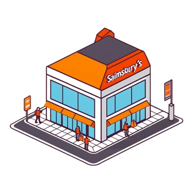 Isometric Sainsbury's Local smaller format store with orange facade, ATM outside, and pedestrians with shopping bags sticker