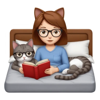 A girl is lying in bed. She has short chestnut hair styled neatly, is wearing glasses, and is reading a book. A grey cat is lying on her legs. The girl has no headband or ears, and the cat is not wearing glasses. sticker