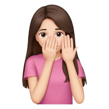 A brunette girl, long hair, fair skin tone, wearing a pink T-shirt, covers her face with her hand sticker
