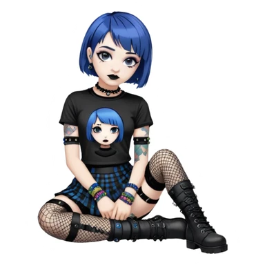 girl short blue hair goth makuep black lipstick black band tee fishnets and fishnet arm warmers beaded colorful bracelets black goth skirt combat boots sticker