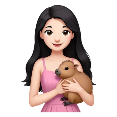 Perempuan muda cantik berkulit putih dan berambut hitam panajng sebahu (tidak terllau pendek) , memiliki Bulut mata lentik,mata berwarna hitam, memakai baju pink sambil mengendong capybara sambil tersenyum dan mengedipkan mata dengan imut sticker