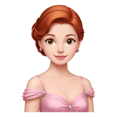 Cinematic Radiant Sleeping Beauty Portrait Emoji, rendered in a realistic, vector style with clean proportions. Show Aurora with a gentle smile, porcelain skin, and beautifully styled auburn hair, wearing her classic pink gown. The image glows with a soft, inviting radiance and high shine, accentuated by a soft glowing outline that enhances her graceful charm. sticker
