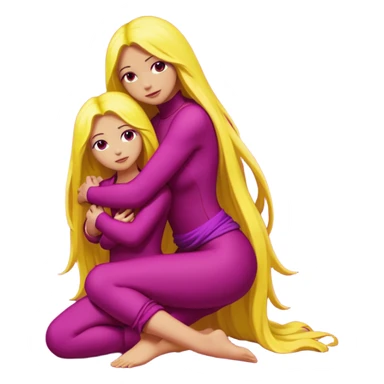 One figure is dark magenta and is kneeling.
	•	The other figure is yellow with long hair and is being held, with their arms around the magenta figure’s neck.
	•	The yellow figure’s legs wrap around the magenta figure’s waist, suggesting a close, intimate embrace. sticker