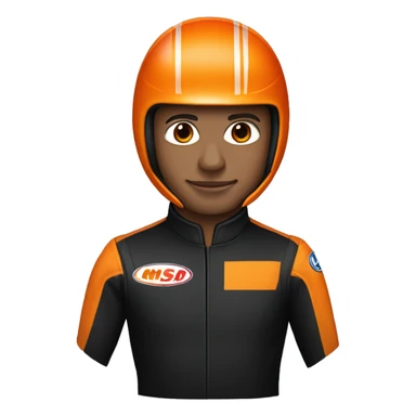Head and shoulders of a race car driver wearing a black suit with orange stripes and a black helmet with an orange design  sticker