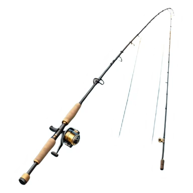 Cinematic Realistic Fishing Rod, sleek graphite rod with a smooth, polished reel, thin line disappearing into a shimmering lake, warm golden sunlight reflecting off the water, glowing with a tranquil and adventurous aura. sticker