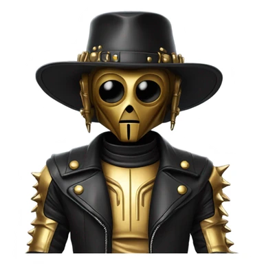  c3Po wearing Satan’s leather biker outfit with hat walking sticker