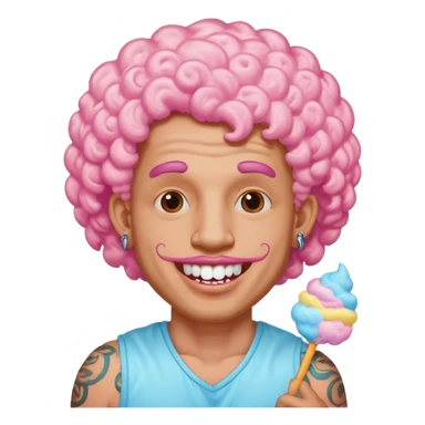 very cheerful colorful puffy curly haired man made out of cotton candy with teeth-braces and tattoos and face tattoos just face  sticker