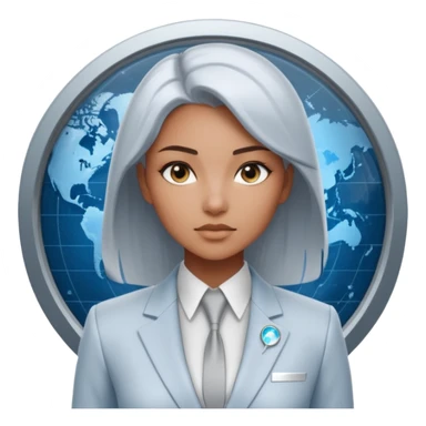 Artemis, A sleek female avatar with a focused, forensic gaze, wearing a minimalist white and silver tailored suit accented with moonlight blue. She is analyzing a transparent holographic interface displaying complex global sovereign credit data. sticker