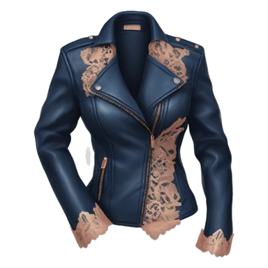 Realistic Isolated dark blue leather jacket open with rose gold lace bustier underneath.  sticker