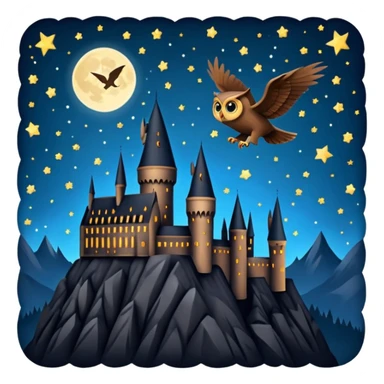 hogwarts castle on a starry night and owl flying in the air silhouette  sticker