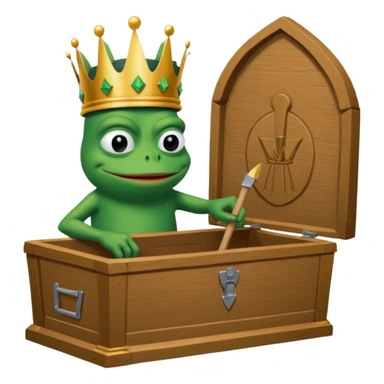 Emoji of an empty wooden coffin with its lid on top, the word ‘ECHO’ carved into the lid. The coffin is shown from the outside. A king-like Pepe the Frog, standing outside the coffin, is hammering nails into the lid to seal it shut. No character is inside the coffin. Not a treasure chest. sticker