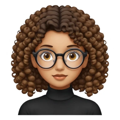 un chica con pelo rizado tiene hecha una coleta y con dos rizos sueltos en la parte de alante que le llega hasta el cuello. luego pil un poco morena ojos marrones y tiene gafas negras y son exagonales pero un poco redondeadas. sticker