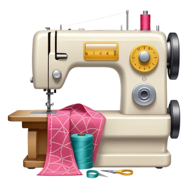 Sewing icon, measuring tape, pins, scissors, and a dress in progress, sewing machine with thread, visible needle, spools of thread, fabric pieces cut according to patterns, minimalistic style, clean lines, transparent background. sticker