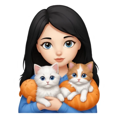 A girl black hair and brown eyes with A 2-month-old Persian-Angora mix kitten with blue eyes and mostly ORANGE fur with white patches sticker