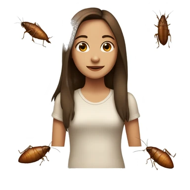 a slightly tan brown haired girl standing next to a roach  sticker