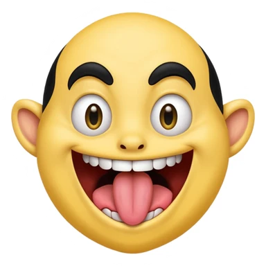 Freaky yellow face emoji smiling really big with huge tongue out and eyes wide open. Tongue should is wagging back and forth. Give him a head of black hair sticker