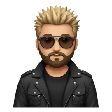 biker gang with black sunglass and rugged and bulky guy bearded spicks hair black jacket sticker