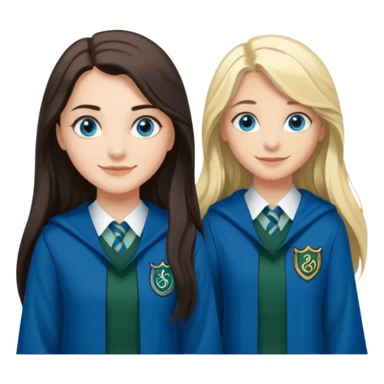 a pretty ravenclaw girl with long dark brown hair and blue eyes standing with a hot Slytherin girl with long blonde hair, blue eyes sticker
