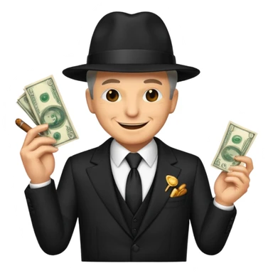 "Emoji of a powerful mafia boss, inspired by classic gangster movies, wearing a stylish white or black suit, holding a cigar and surrounded by money." sticker