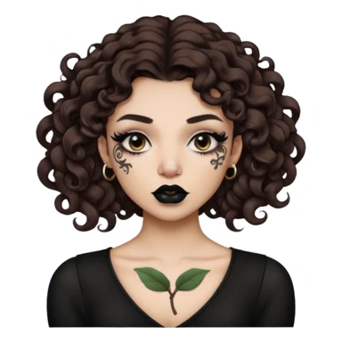 Alternative girl with curly dark brown hair and a magnolia throat tattoo sticker