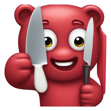 A red gummy bear holding a plastic knife sticker
