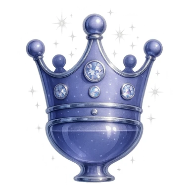 Transform this crown into a small, elegant elixir bottle: keep the crown shape and color #7986cb, bottom merges into a bottle/flask, add prominent silver and holographic details, extra magical sparkles, very small neck, seamless bottom, floating in air, transparent background, no base or shadow, modern, luxury collection style. Style: modern luxury collection, transparent background, floating, prominent silver and holographic details, extra magical sparkles. sticker