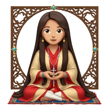 An woman sits on a Persian rug with a rosary, a large ring, a long hair, but she is beautiful and modern, wearing a robe, and looks at the camera with amazement. sticker