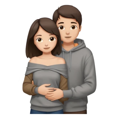 парень брюнет с короткой стрижкой в сером худи, обнимает девушку брюнетку с длинными прямыми волосами в коричневой кофте со спущенными плечами, sticker