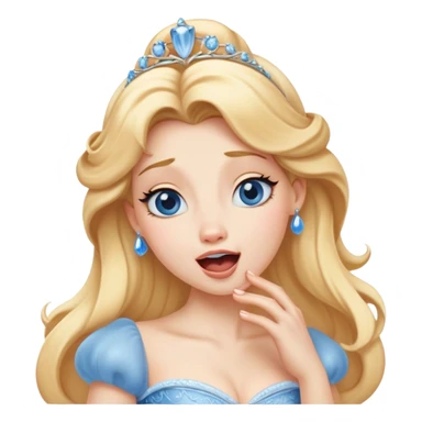 Cinematic Realistic Yawning Cinderella Portrait, showcasing lifelike porcelain skin and intricately detailed golden-blonde hair styled flawlessly as she mid-yawn reveals a moment of tender vulnerability. Her half-closed blue eyes and relaxed expression are rendered with natural, soft lighting that emphasizes the subtle textures of her face and the detailed, flowing fabric of her iconic gown. The scene glows with a cozy, authentic warmth that captures a rare, intimate moment of repose. sticker