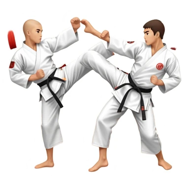Two karate fighters in traditional gi sparring. One executes a high kick aimed at the opponent’s head, while the other blocks with a strong hand defense. The background features a classic dojo with wooden flooring and banners. Dynamic motion and focused expressions. Transparent background. sticker