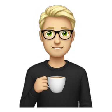 Blonde man green eyes in black jumper with clear glasses holding a white coffee cup sticker