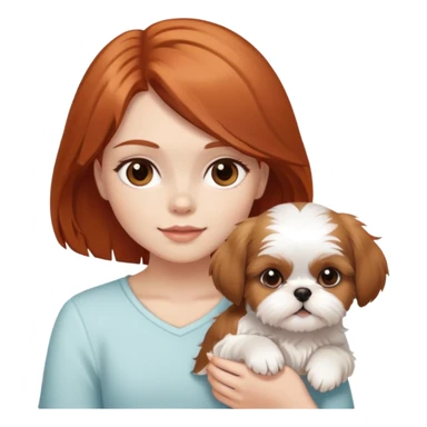a red-haired girl with brown eyes holding a white and caramel-colored shih tzu puppy sticker