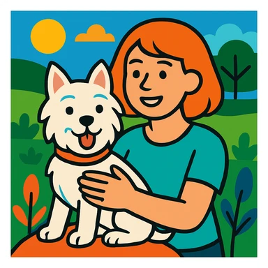 Change the woman's hairstyle to a short bob, keep the vibrant and friendly scene with the Westie dog. sticker
