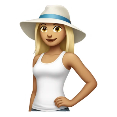 Blonde girl in white tank top with a hat sticker