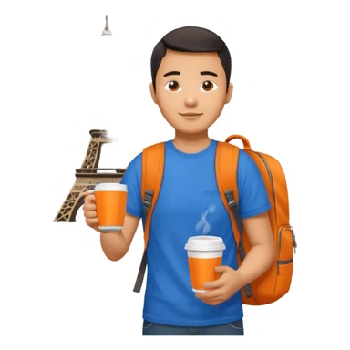 an asian man in blue t-shirt with orange cup of coffee and backpack on the back. Eiffel tower on the background. shoulder length picture sticker