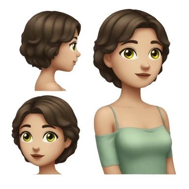 young girl girl with brown hair in a side part, wearing off shoulder top, light coloured skin, greenish blue eyes, dark brown hair, hair covering eye sticker