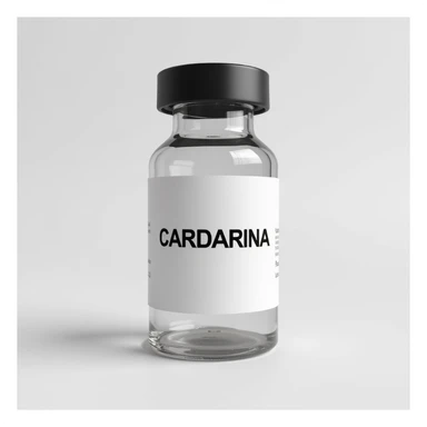 hyperrealistic 4K medicinal vial with a clearly visible label showing the word 'CARDARINA' in large block letters sticker