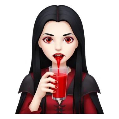 vampire using a juice box, long hair, red juice sticker