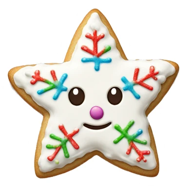 Create a smiley Christmas cookie in the shape of a star or snowflake. The cookies are decorated with white icing and sprinkled with colored sugar. It should look appetizing and festive sticker