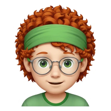 redhead kid with unique face features and very curly hair kid boy happy and big glassess and big nose and very green eyes and headband sticker