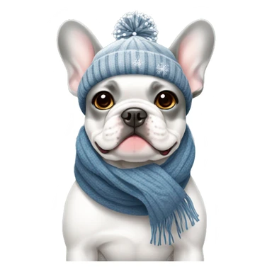 Grey white Frenchie wearing a scarf and hat surrounded by snowflakes sticker