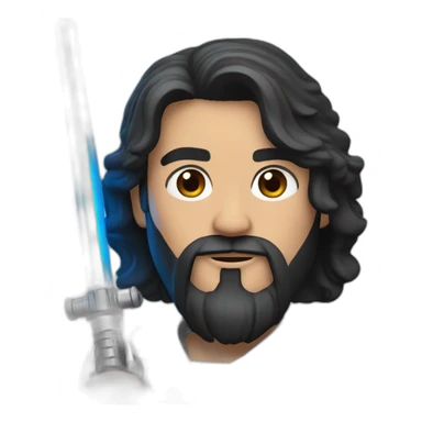 Moto A white Portuguese with black and medium-length hair and a beard that holds a blue lightsaber sticker