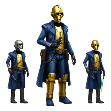 bounty hunter tarnished undercover tough well-equipped Jedi  life-sized darkblue-pearl C3po leather vest clothing pants and vest old west duster coat holding light saber sheriff holstered gun sticker