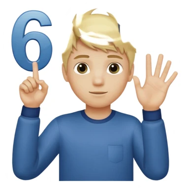 A boy with blonde hair holding up the numbers six on the left hand and 7 on the right hand  sticker