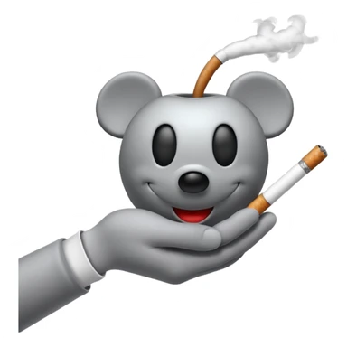 Mickey Mouse style white glove hand holding a cigarette with smoke curling up, Apple emoji style sticker