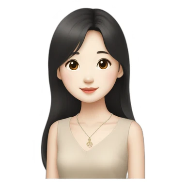 cute singaporean-chinese girl in Muji beige dress with straight long black hair and van cleef clover necklace sticker