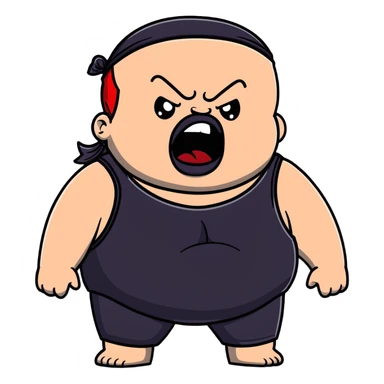 Extreme close-up of face of morbidly obese white skin guy with young face, prominent BLACK DURAG tied clearly on head, black beard but no mustache, clean shaven upper lip, black eyes in a red and black wrestling singlet with mouth wide open screaming angrily sticker